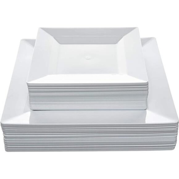 White Square Disposable Plates - Heavy Duty Plastic Party Plates for Christmas - Picture 1 of 8